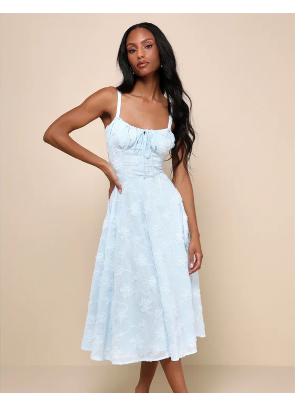 Darling Confidence Light Blue Rosette Bustier Lace-Up Midi Dress
Lulus